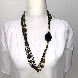 Coldwater Creek 5 Strand Asymmetrical Beaded Necklace In Black And Gold Tone